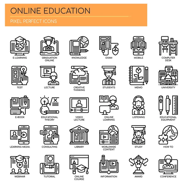 Educación en línea, línea delgada y píxeles iconos perfectos — Vector de stock