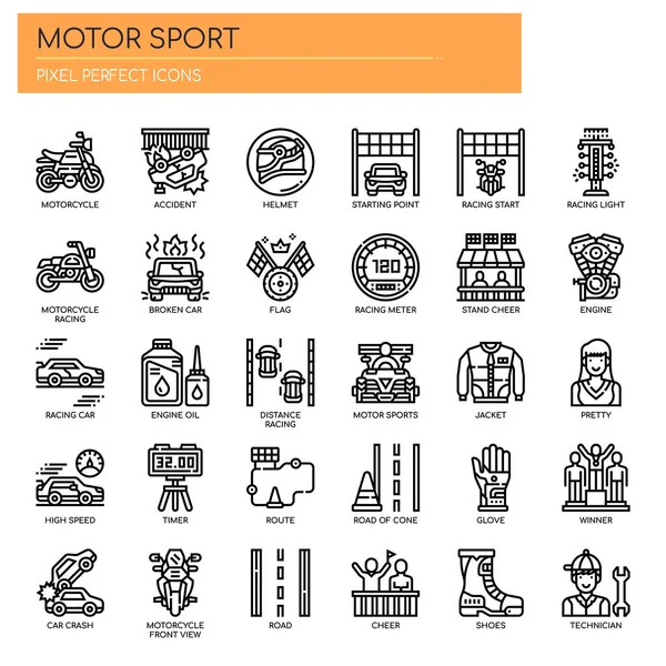 Motor Sport, línea delgada y píxeles iconos perfectos — Archivo Imágenes Vectoriales