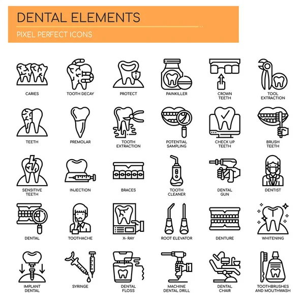 Elementos dentales, línea delgada y píxeles iconos perfectos — Vector de stock