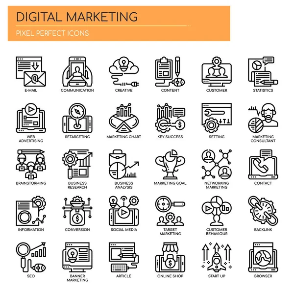 Marketing digital, linha fina e ícones perfeitos Pixel —  Vetores de Stock