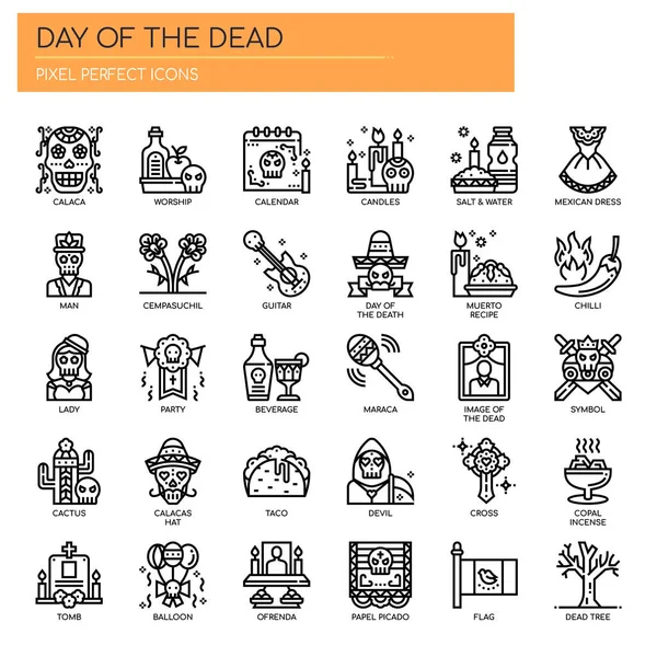 Den mrtvých, tenká čára a pixelové dokonalé ikony — Stockový vektor