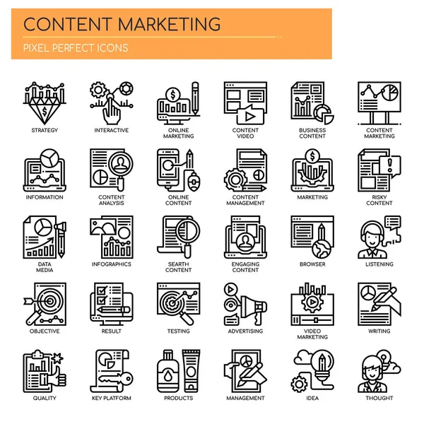 Iconos perfectos de marketing de contenidos, línea delgada y píxeles — Vector de stock