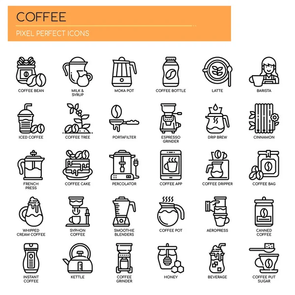Elementos Cofee, línea delgada y píxeles iconos perfectos — Vector de stock
