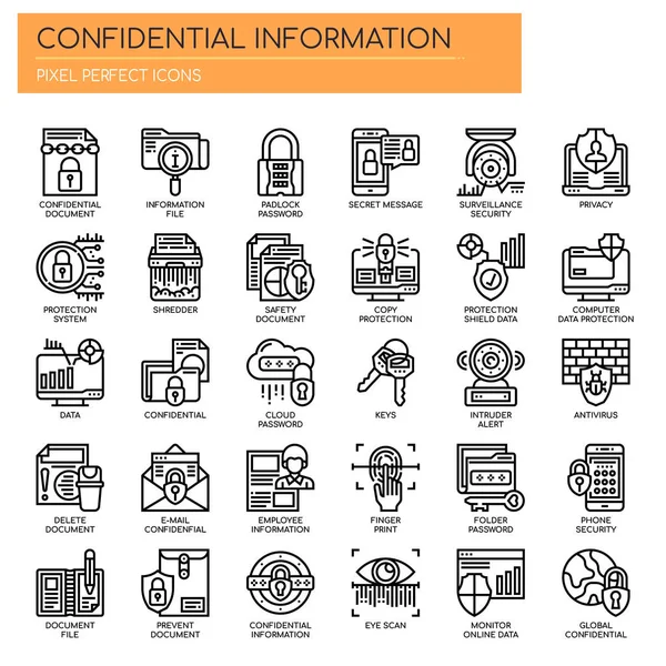 Información confidencial, línea delgada y píxeles iconos perfectos — Archivo Imágenes Vectoriales
