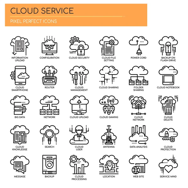 Servicio en la nube, línea delgada y píxeles iconos perfectos — Archivo Imágenes Vectoriales