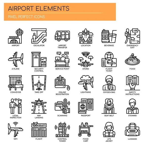 机场要素、细线和Pixel完美图标 — 图库矢量图片