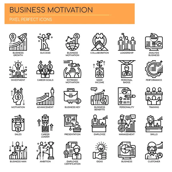 Motivación empresarial, línea delgada y píxeles Iconos perfectos — Vector de stock