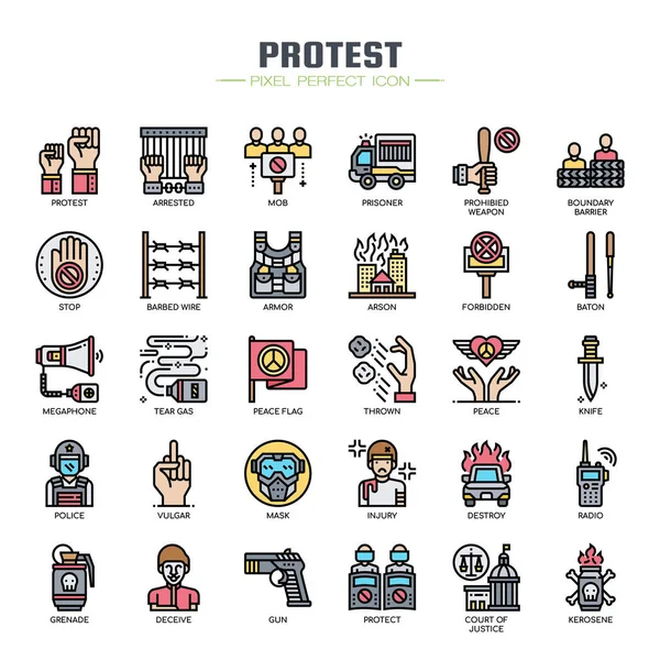 Элементы протеста, тонкая линия и пиксельные идеальные иконы — стоковый вектор