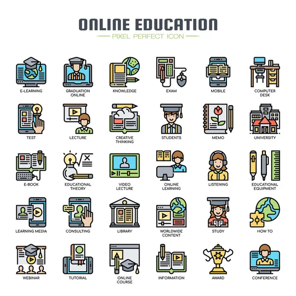 Éducation en ligne, ligne mince et icônes Pixel Perfect — Image vectorielle