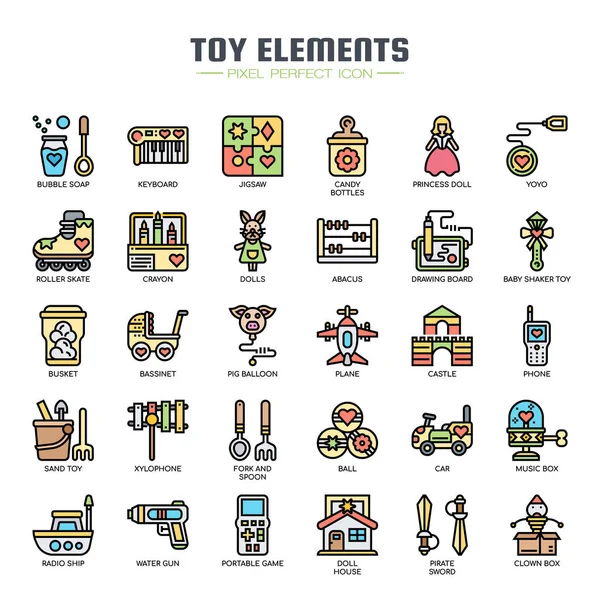 Elementi giocattolo, linea sottile e icone perfette pixel — Vettoriale Stock