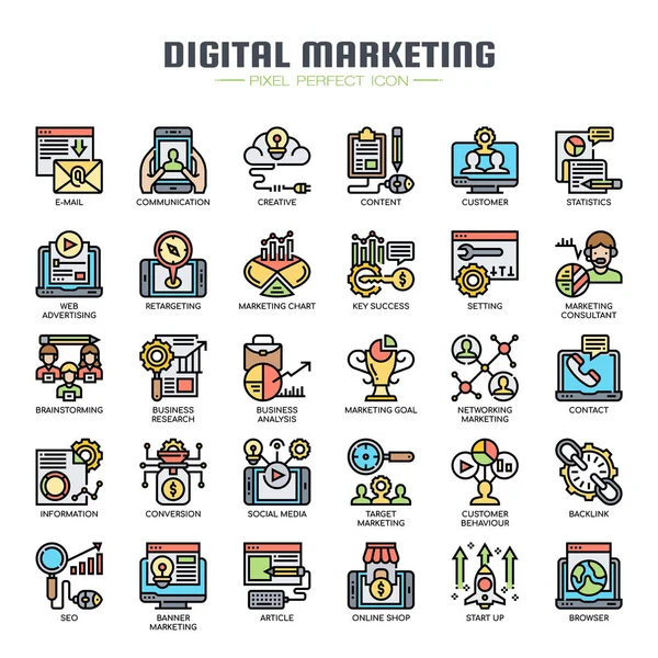 Marketing digitale, linea sottile e icone perfette pixel — Vettoriale Stock