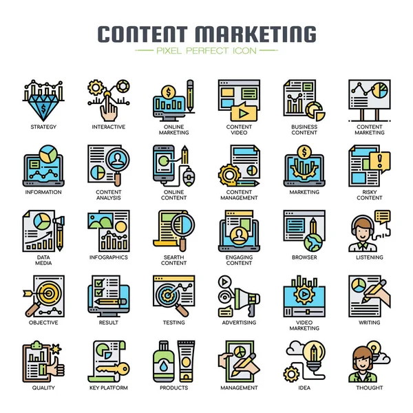 Iconos perfectos de marketing de contenidos, línea delgada y píxeles — Vector de stock