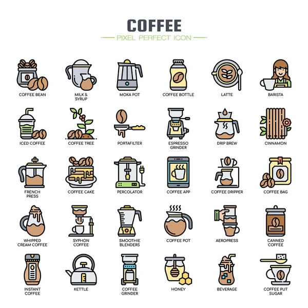 Prvky kofee, tenká čára a pixelové dokonalé ikony — Stockový vektor