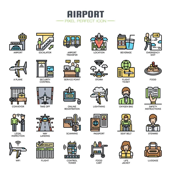 Elementos del aeropuerto, línea delgada y píxeles iconos perfectos — Archivo Imágenes Vectoriales