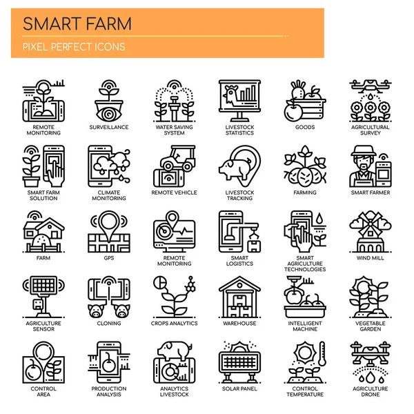 Akıllı Çiftlik, İnce Hat ve Piksel Mükemmel Simgeler — Stok Vektör