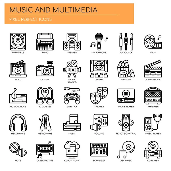 Music and Multimedia, Thin Line dan Pixel Perfect Icons - Stok Vektor