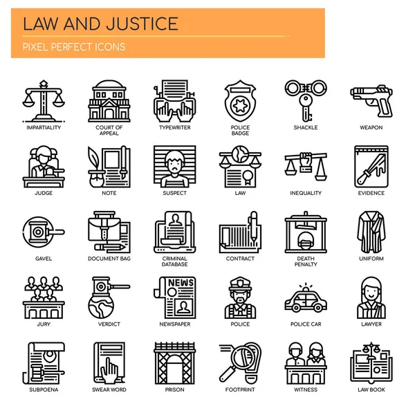 Ley y Justicia, Línea Delgada y Pixeles Iconos Perfectos — Archivo Imágenes Vectoriales
