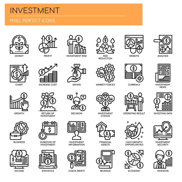 Elementi di investimento, linea sottile e icone perfette pixel — Vettoriale Stock