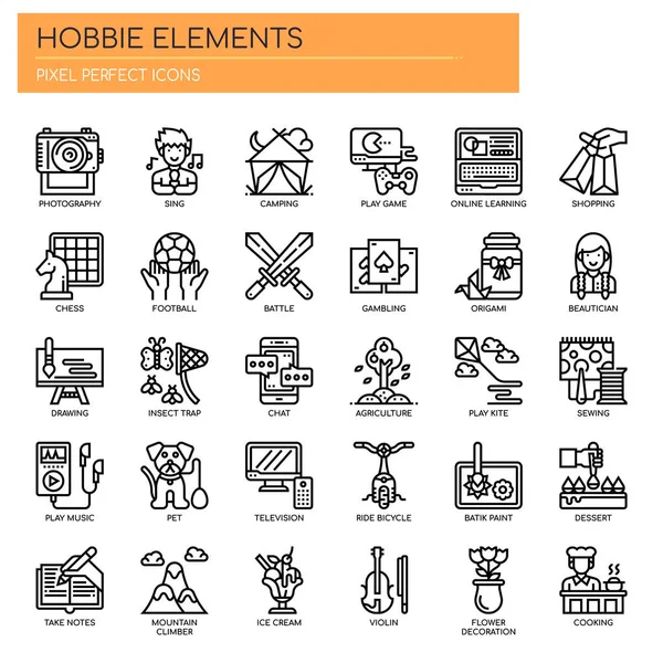 Elemen Hobbies, Garis tipis dan Ikon Sempurna Pixel - Stok Vektor