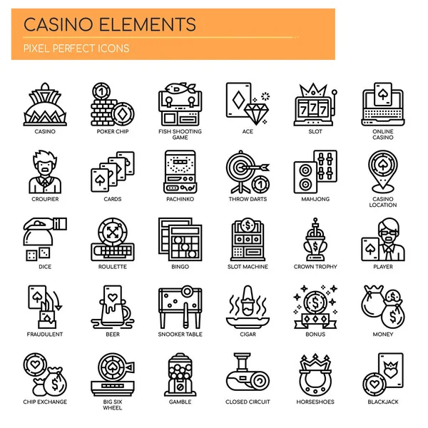 Elementos de Casino, Línea Delgada y Pixeles Iconos Perfectos — Archivo Imágenes Vectoriales