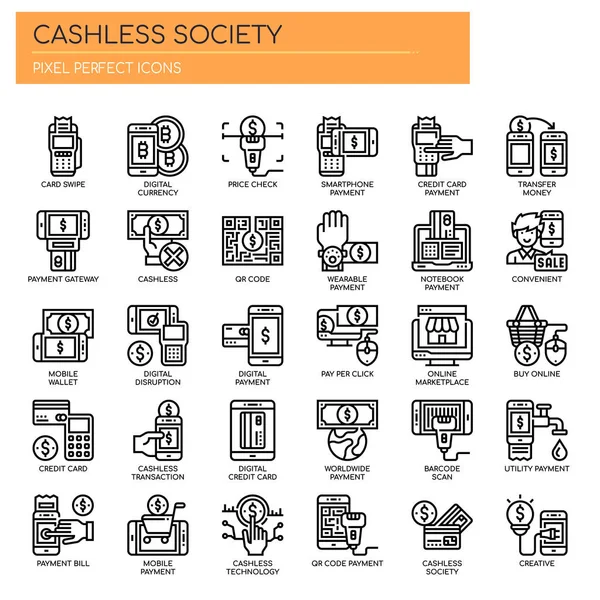 Cashless Κοινωνία, λεπτή γραμμή και Pixel Perfect Εικόνες — Διανυσματικό Αρχείο