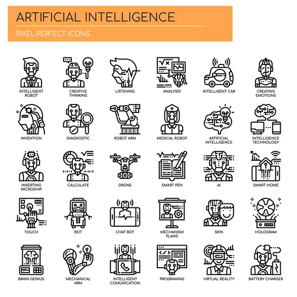 Intelligenza artificiale, linea sottile e icone perfette pixel — Vettoriale Stock