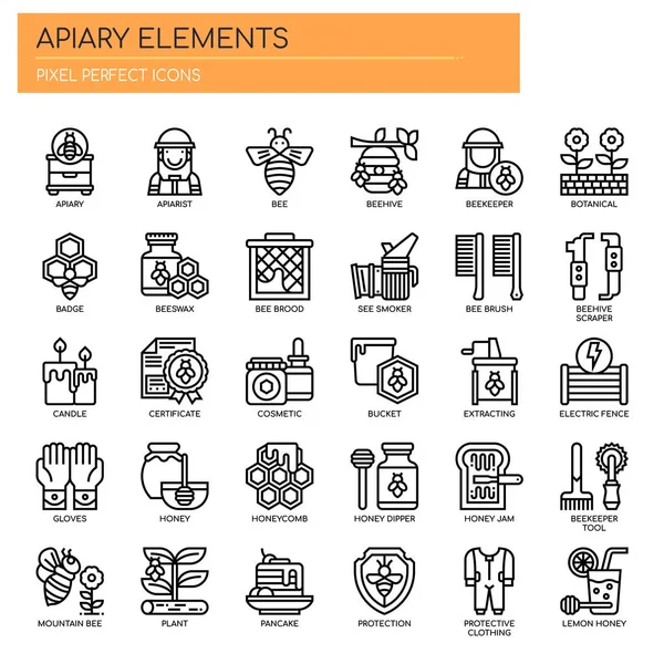 Elementos Apiarios, Línea Delgada y Pixeles Iconos Perfectos — Vector de stock