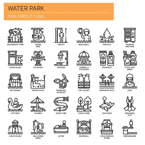 Parque acuático, línea delgada y píxeles iconos perfectos — Vector de stock