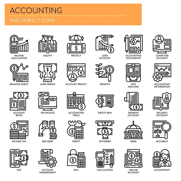 Iconos perfectos de contabilidad, línea delgada y píxeles — Vector de stock