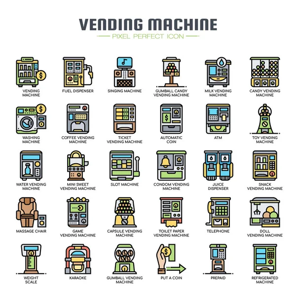 Máquina expendedora, línea delgada y píxeles iconos perfectos — Vector de stock