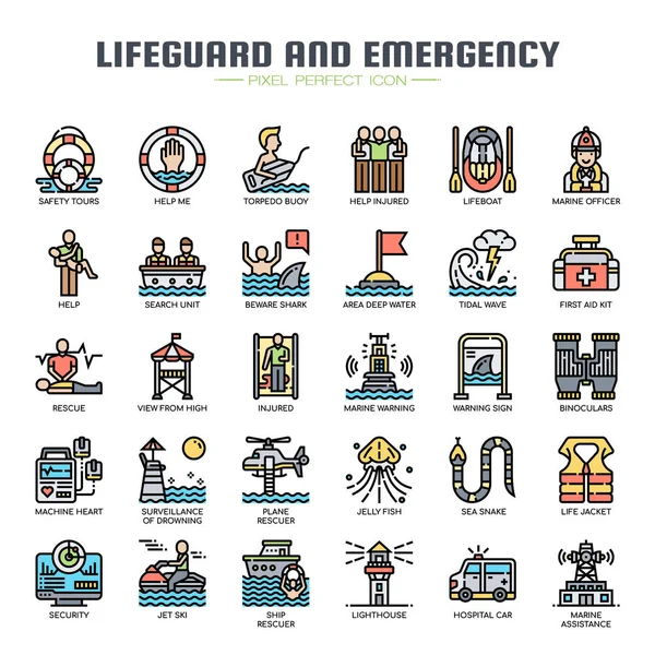 Lifeguard e Serviço de Emergência, Linha Fina e Pixel Perfect Ic —  Vetores de Stock