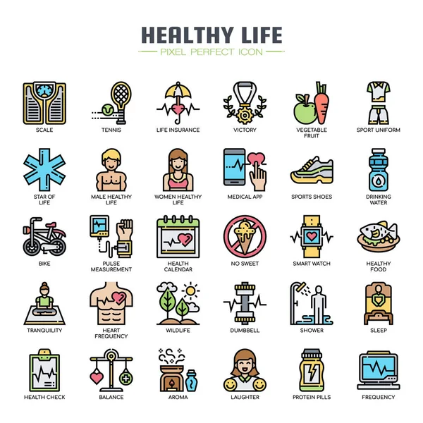 Gesundes Leben, dünne Linie und perfekte Pixel-Icons — Stockvektor