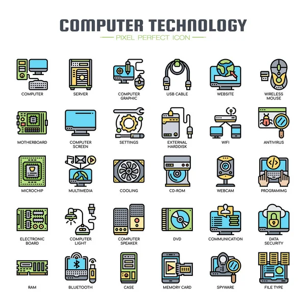 Tecnología informática, línea delgada y píxeles iconos perfectos — Archivo Imágenes Vectoriales