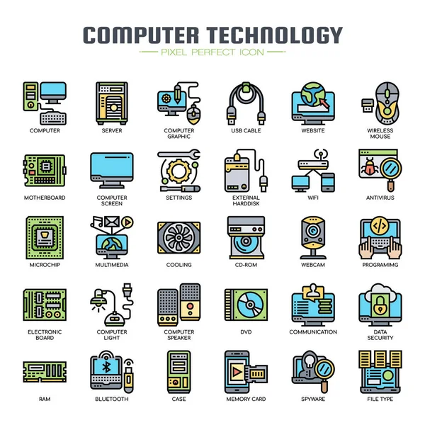 Tecnologia informatica, linea sottile e icone perfette pixel — Vettoriale Stock