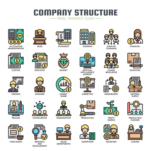 Estructura de la empresa, línea delgada y píxeles iconos perfectos — Vector de stock