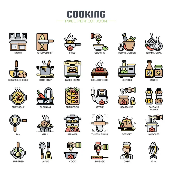 Elementos de cocina, línea delgada y píxeles iconos perfectos — Vector de stock