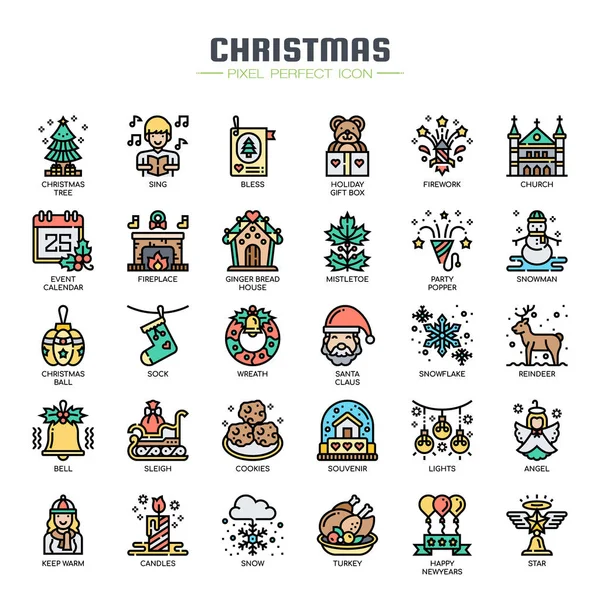 Elementos navideños, línea delgada y píxeles iconos perfectos — Vector de stock