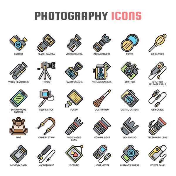 Iconos perfectos de fotografía, línea delgada y píxeles — Vector de stock
