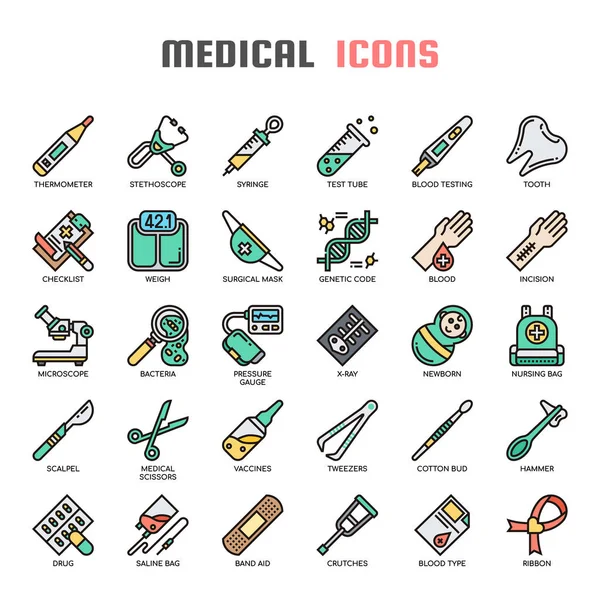 Elemennts médicos, línea delgada y píxeles iconos perfectos — Vector de stock