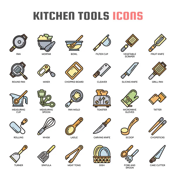 Herramientas de cocina, línea delgada y píxeles iconos perfectos — Vector de stock