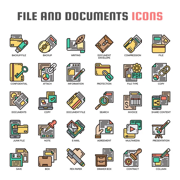 Archivo y documentos, línea delgada y píxeles iconos perfectos — Vector de stock
