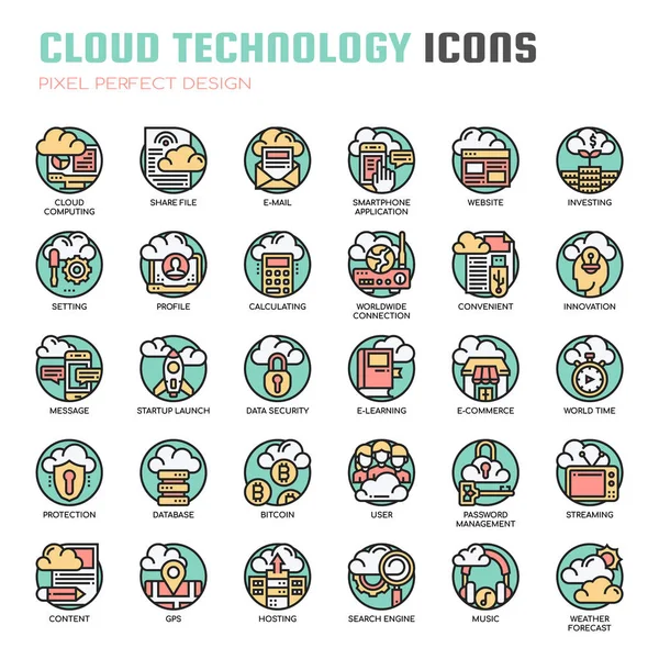 Cloud-Technologie, dünne Linie und perfekte Pixel-Icons — Stockvektor