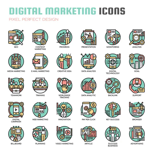 Marketing digital, línea delgada y píxeles iconos perfectos — Archivo Imágenes Vectoriales