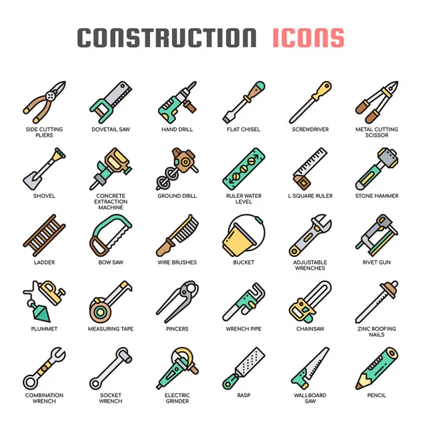 Herramientas de construcción, línea delgada y píxeles iconos perfectos — Vector de stock