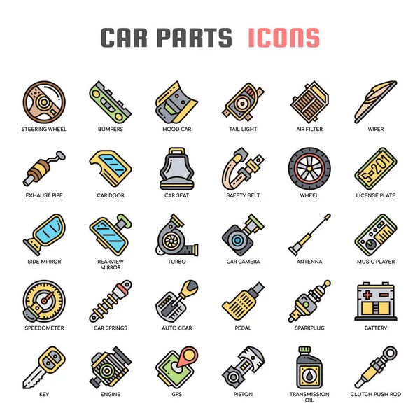 Piezas de coche, línea delgada y píxeles iconos perfectos — Vector de stock