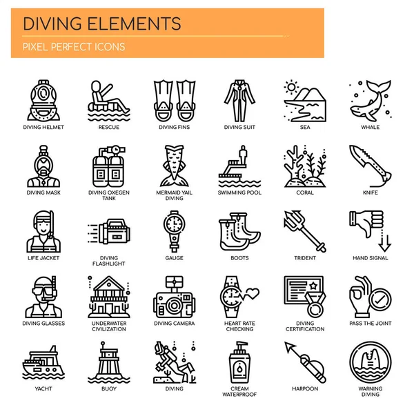 Elemen Penyelaman, Garis tipis, dan Ikon Sempurna Pixel Stok Ilustrasi Bebas Royalti