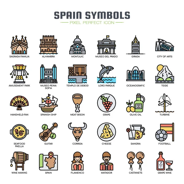 España Símbolos, línea delgada y píxeles Iconos perfectos Gráficos Vectoriales