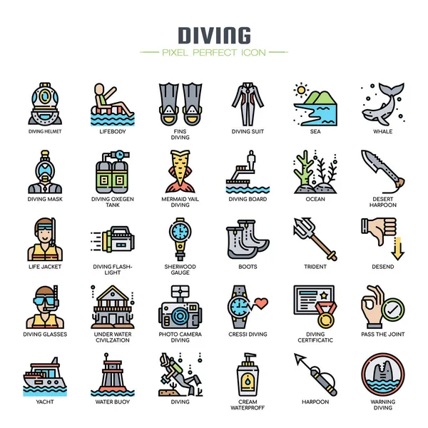 Elemen Penyelaman, Garis tipis, dan Ikon Sempurna Pixel Stok Ilustrasi Bebas Royalti