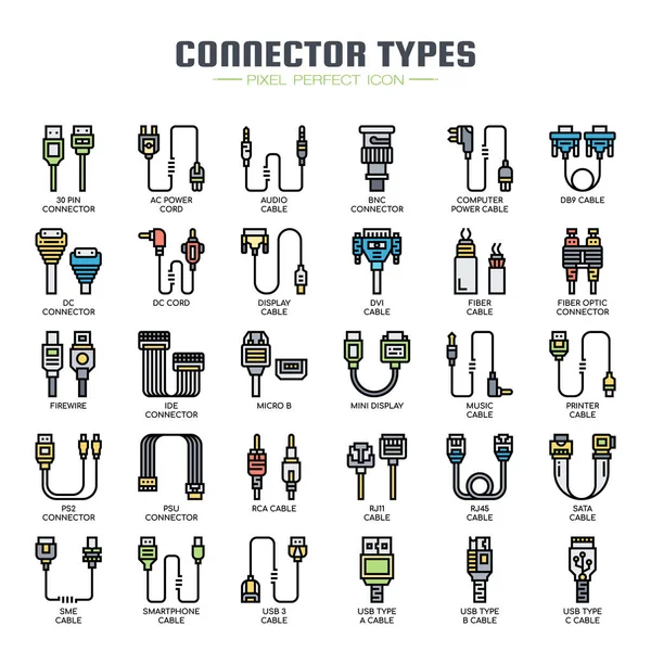 Tipos de conectores, línea delgada y píxeles Iconos perfectos Ilustración De Stock