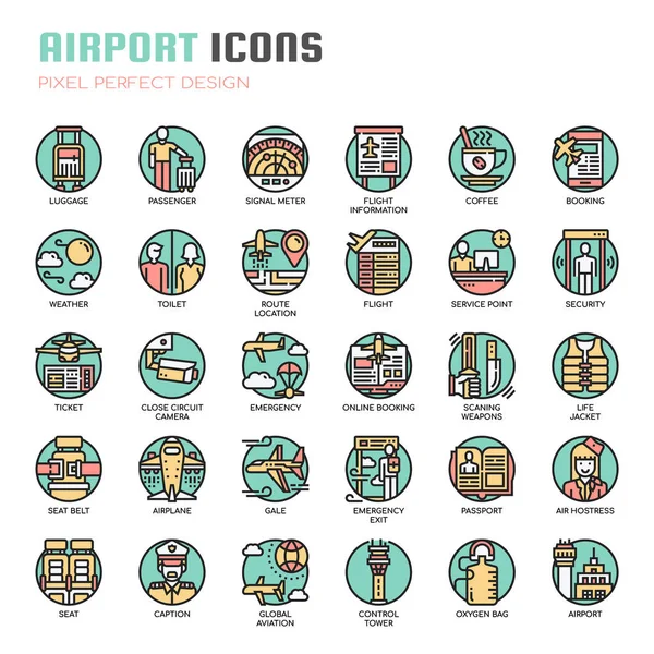Aeropuerto, línea delgada y píxeles iconos perfectos Vector De Stock